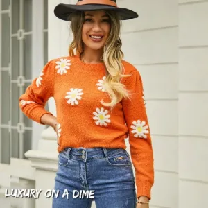 Bright Retro Daisy Soft Teddy Knit Flower Long Sleeve Pullover Sweater Shirt Top