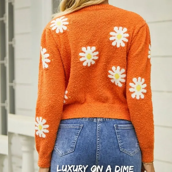 Bright Retro Daisy Soft Teddy Knit Flower Long Sleeve Pullover Sweater Shirt Top