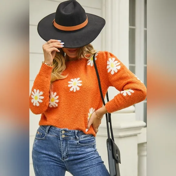 Bright Retro Daisy Soft Teddy Knit Flower Long Sleeve Pullover Sweater Shirt Top