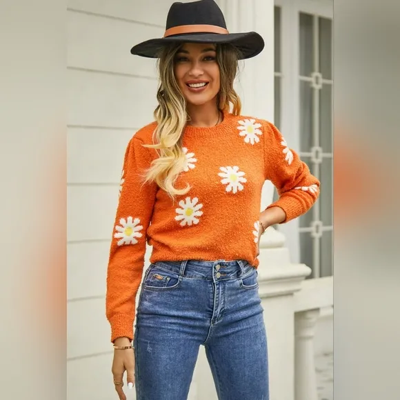 Bright Retro Daisy Soft Teddy Knit Flower Long Sleeve Pullover Sweater Shirt Top