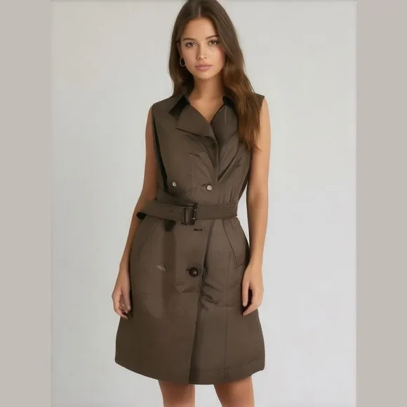 Brioni Sleeveless Midi Trench Dress Womans size 12 EU 46 Brown Luxury Couture
