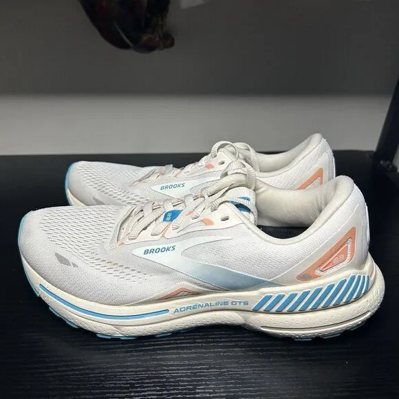 Brooks Womens Adrenaline GTS 23 Running Shoes Sz 8 White Blue Comfort Cushioned