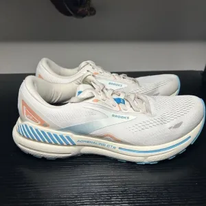 Brooks Womens Adrenaline GTS 23 Running Shoes Sz 8 White Blue Comfort Cushioned