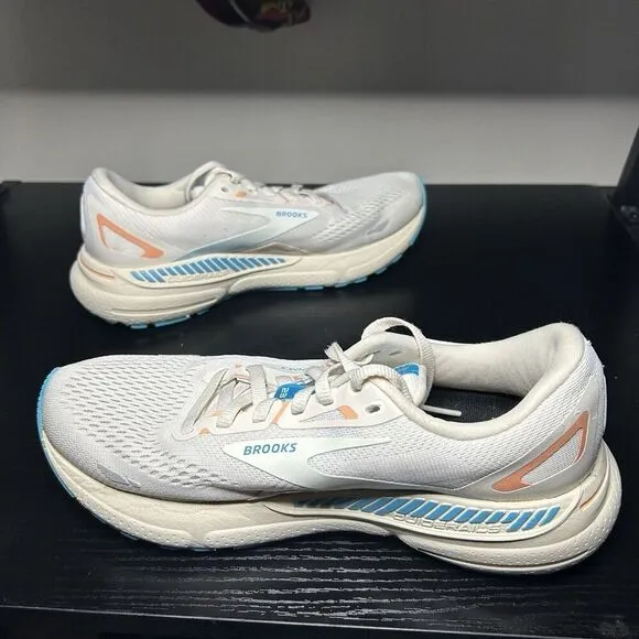 Brooks Womens Adrenaline GTS 23 Running Shoes Sz 8 White Blue Comfort Cushioned