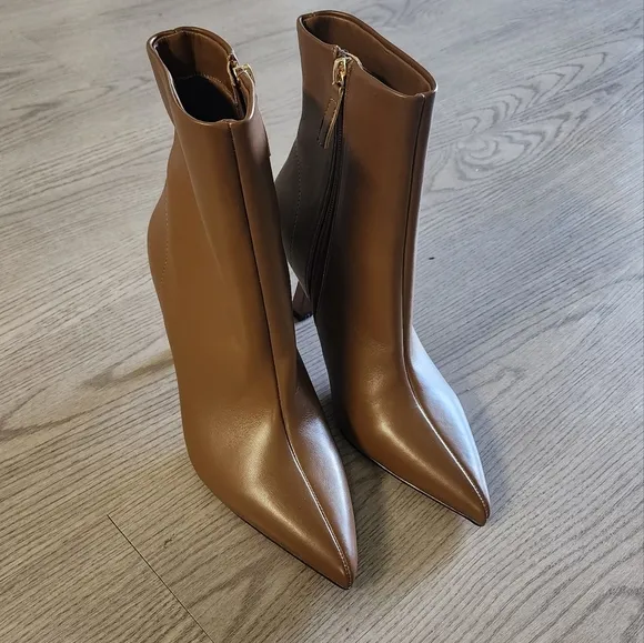 Brown Khaki Pointed Toe Ankle Boots with Stiletto Heels and Side Zipper 6.5