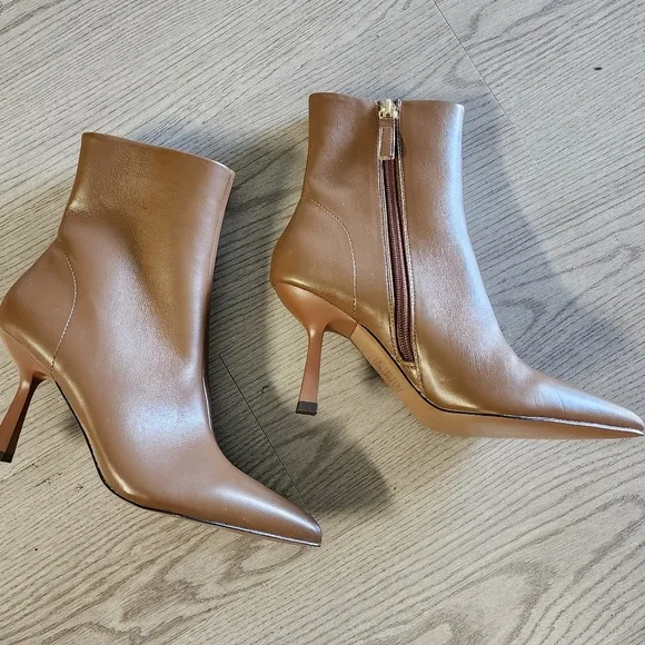 Brown Khaki Pointed Toe Ankle Boots with Stiletto Heels and Side Zipper 6.5