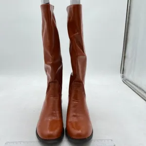 Brown Knee High Boots Closed Toe Low Chunky Heel Back Zipper Riding Long Bootie