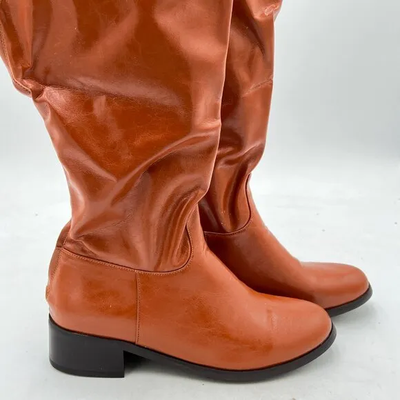 Brown Knee High Boots Closed Toe Low Chunky Heel Back Zipper Riding Long Bootie