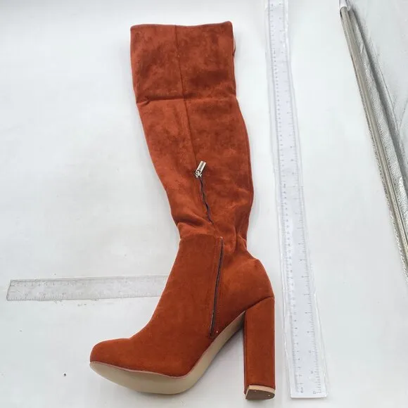 Brown Over The Knee Chunky High Heels Stretch Thigh High Zipper Long Boot