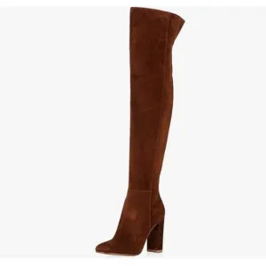 Brown Over The Knee Chunky High Heels Stretch Thigh High Zipper Long Boot