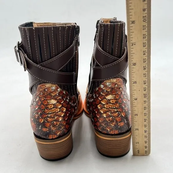 Brown Women Pointed Toe Ankle Boots Block Heel Metal Buckle Strap Studded Shoes