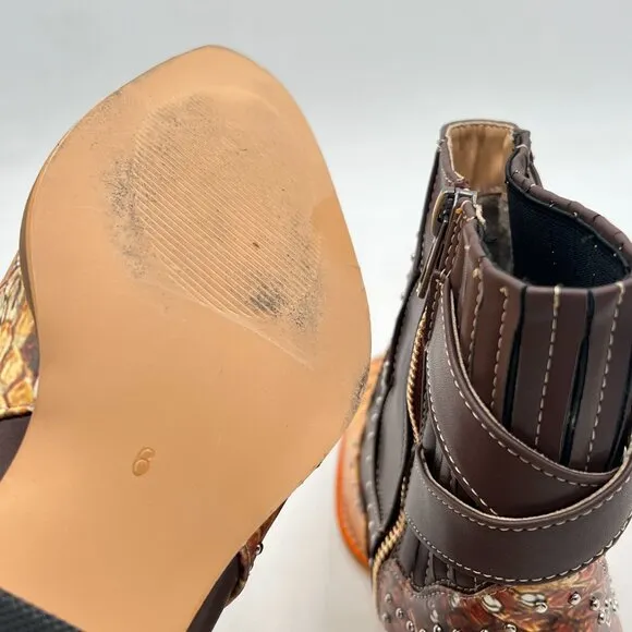 Brown Women Pointed Toe Ankle Boots Block Heel Metal Buckle Strap Studded Shoes