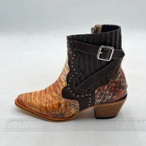 Brown Women Pointed Toe Ankle Boots Block Heel Metal Buckle Strap Studded Shoes