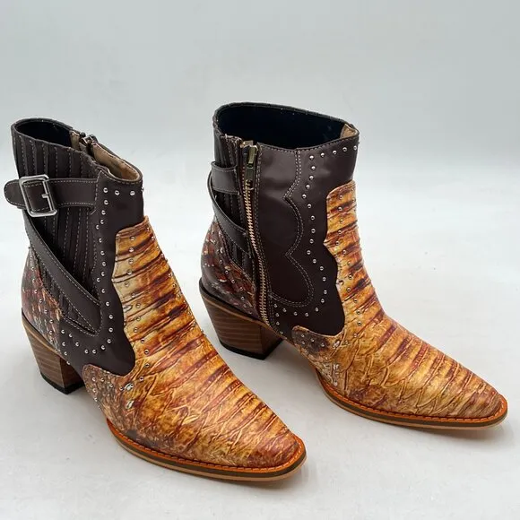 Brown Women Pointed Toe Ankle Boots Block Heel Metal Buckle Strap Studded Shoes