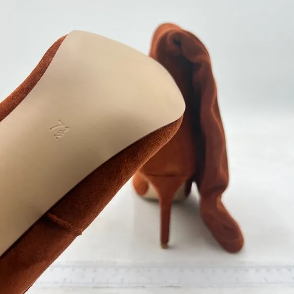 Brown Women Pointed Toe Over The Knee High Stilettos Heel Wide Calf Zipper Shoes