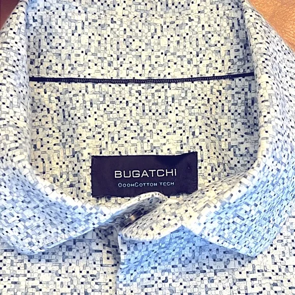 BUGATCHI UOMO JAMES CLASSIC BLUE GEOMETRIC LUXURY DRESS SHIRT