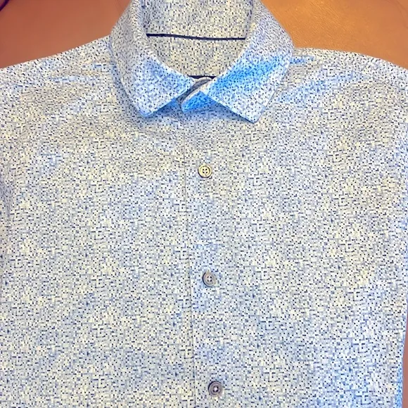 BUGATCHI UOMO JAMES CLASSIC BLUE GEOMETRIC LUXURY DRESS SHIRT