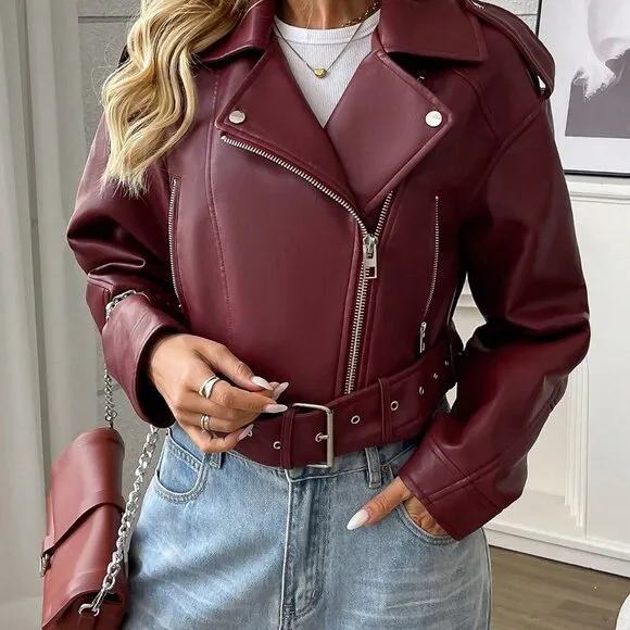 Burgundy Casual Women's Minimalist Zipper Short Jacket
