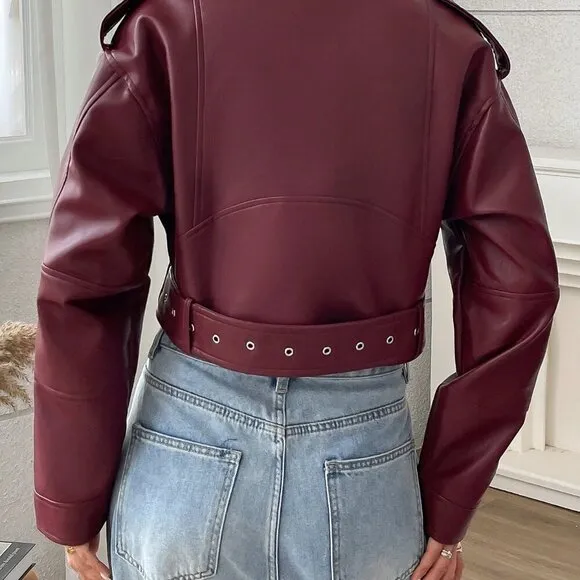 Burgundy Casual Women's Minimalist Zipper Short Jacket