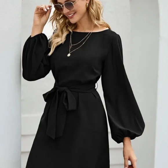 Burgundy lantern long sleeve mini dress Minimalist Work