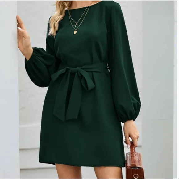Burgundy lantern long sleeve mini dress Minimalist Work