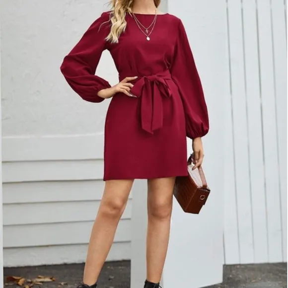 Burgundy lantern long sleeve mini dress Minimalist Work