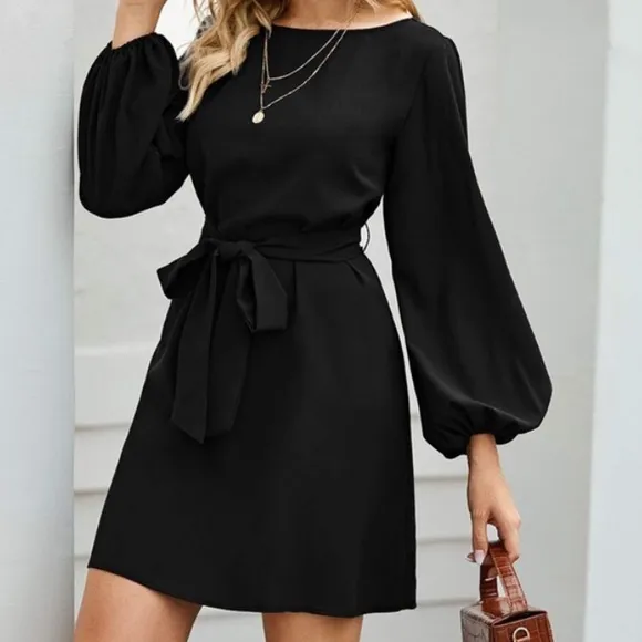 Burgundy lantern long sleeve mini dress Minimalist Work