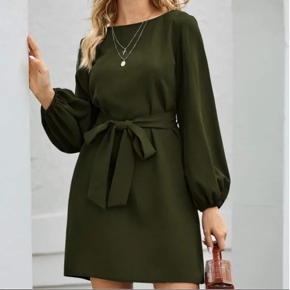 Burgundy lantern long sleeve mini dress Minimalist Work