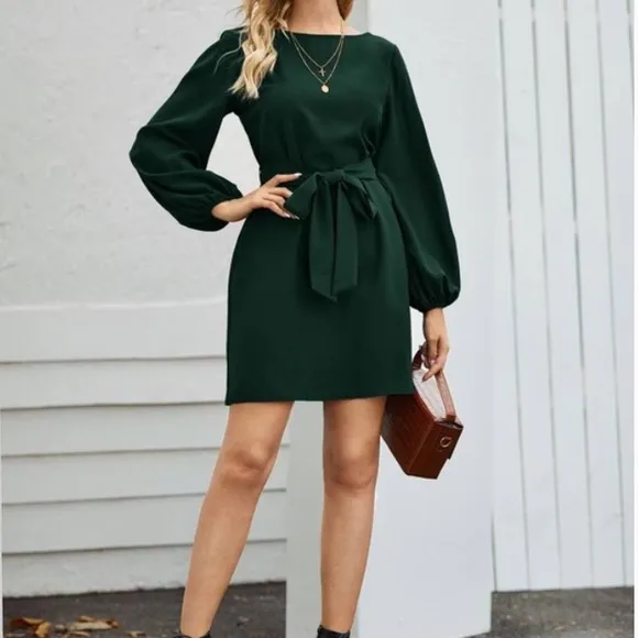 Burgundy lantern long sleeve mini dress Minimalist Work