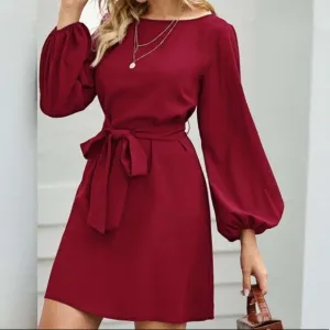 Burgundy lantern long sleeve mini dress Minimalist Work