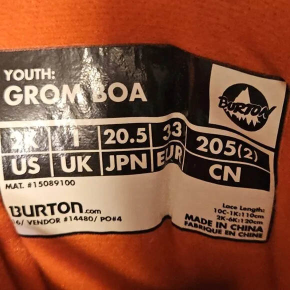 BURTON Youth Grom BOA Snowboard Boots Size 2K Black Orange