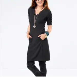 CAbi 3827 Minimalist Black Dress Sheath Size Large Short Sleeves Stretch
