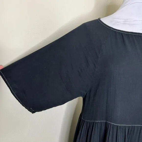 Calme by Johnny Was Raglan Tiered Dress SMALL Gauzy Midi Flowy Black Minimalist