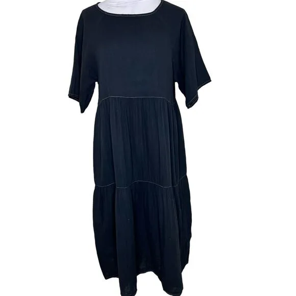 Calme by Johnny Was Raglan Tiered Dress SMALL Gauzy Midi Flowy Black Minimalist