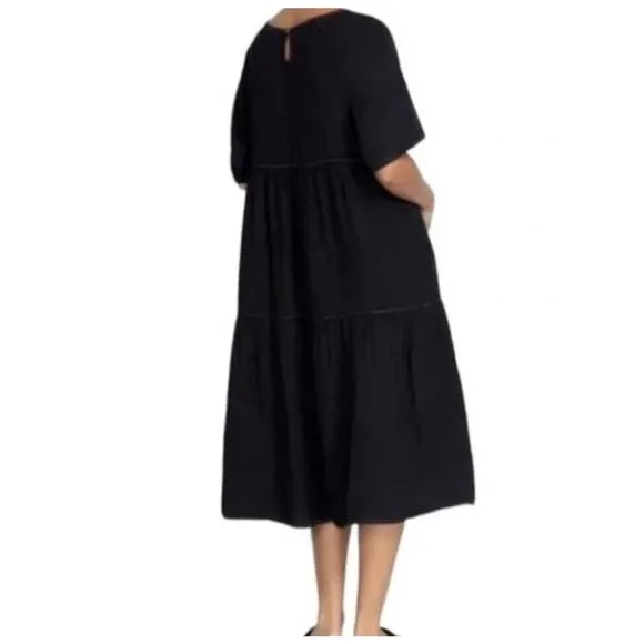 Calme by Johnny Was Raglan Tiered Dress SMALL Gauzy Midi Flowy Black Minimalist