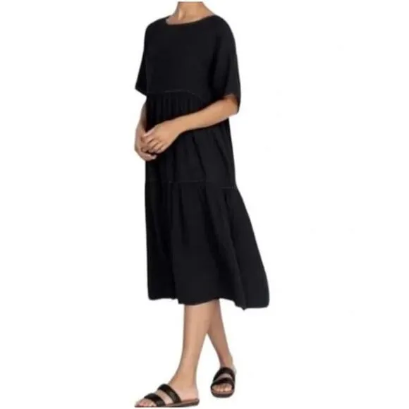 Calme by Johnny Was Raglan Tiered Dress SMALL Gauzy Midi Flowy Black Minimalist