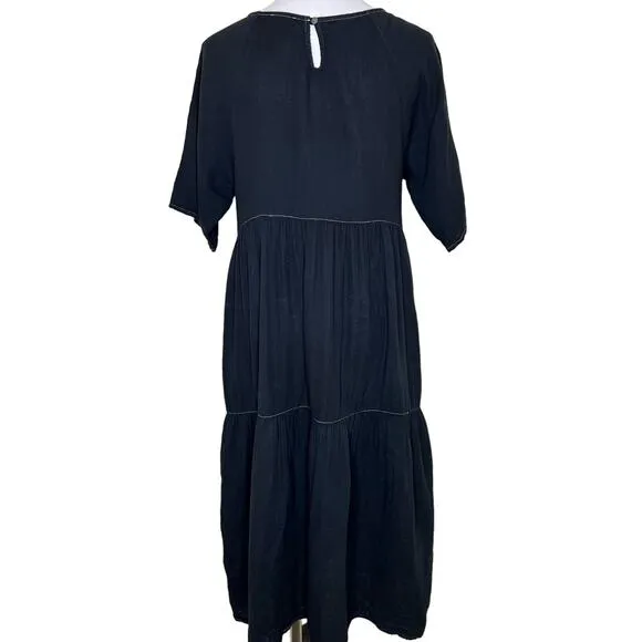 Calme by Johnny Was Raglan Tiered Dress SMALL Gauzy Midi Flowy Black Minimalist