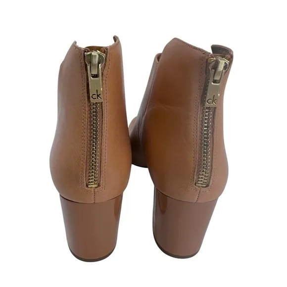 Calvin Klein Boots Womens 8 M Tan Lorah Luxor Ankle Chunky Heel Leather Booties