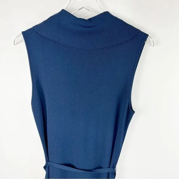 Calvin Klein Cowl Neck Sleeveless Fine Knit Navy Blue Sheath Dress w/Belt Sz M