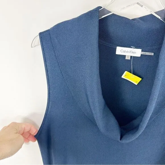 Calvin Klein Cowl Neck Sleeveless Fine Knit Navy Blue Sheath Dress w/Belt Sz M