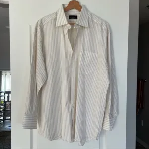 Canali Men’s Dress Shirt White Brown Stripes Striped Size 17 3/4 Italy Luxury
