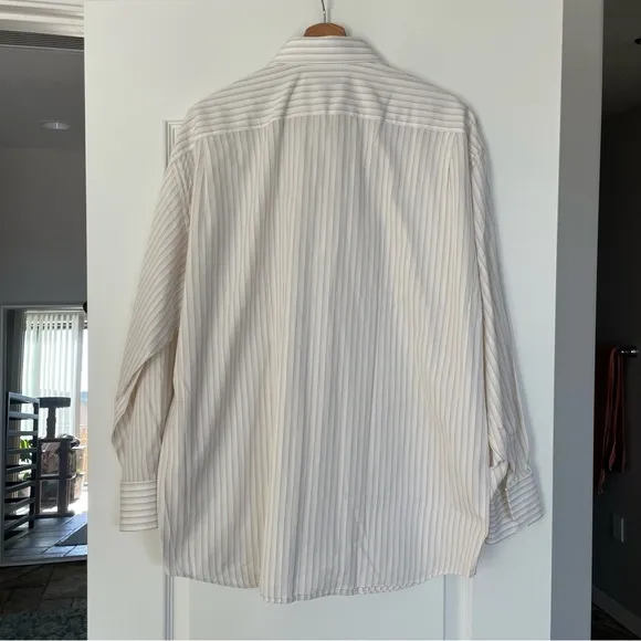 Canali Men’s Dress Shirt White Brown Stripes Striped Size 17 3/4 Italy Luxury