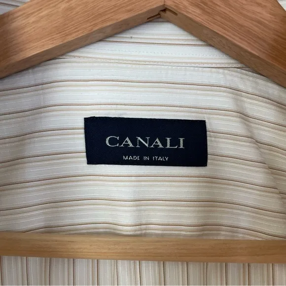 Canali Men’s Dress Shirt White Brown Stripes Striped Size 17 3/4 Italy Luxury