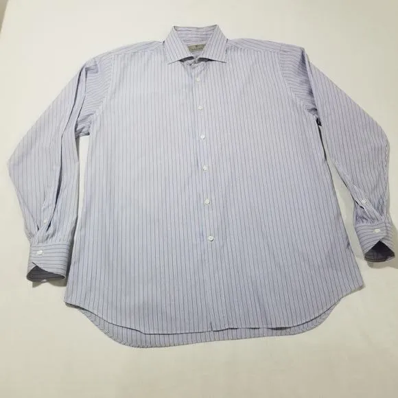 CANALI Mens Shirt 44 17.5 Recent Blue Striped 100% Cotton Luxury Dress $425