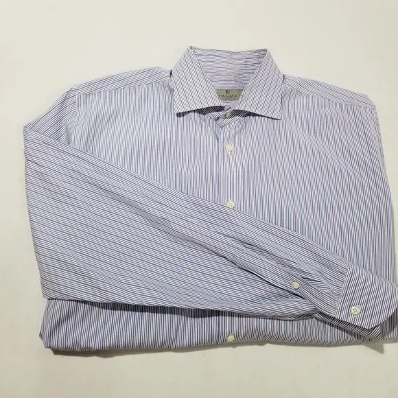 CANALI Mens Shirt 44 17.5 Recent Blue Striped 100% Cotton Luxury Dress $425