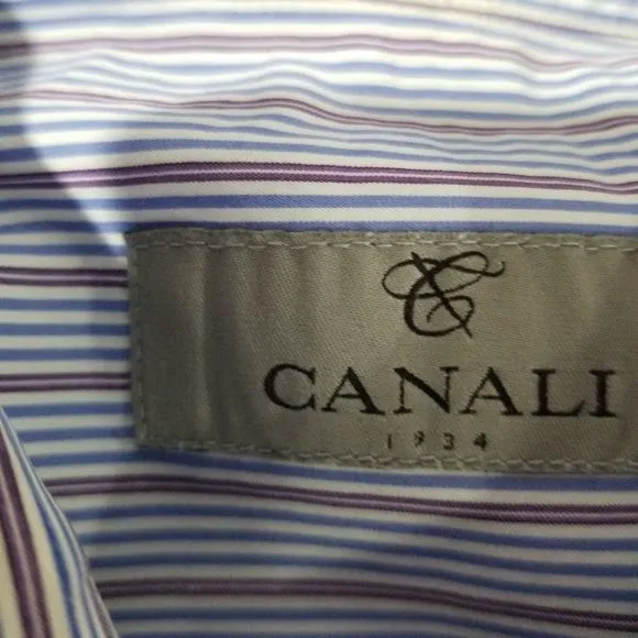 CANALI Mens Shirt 44 17.5 Recent Blue Striped 100% Cotton Luxury Dress $425