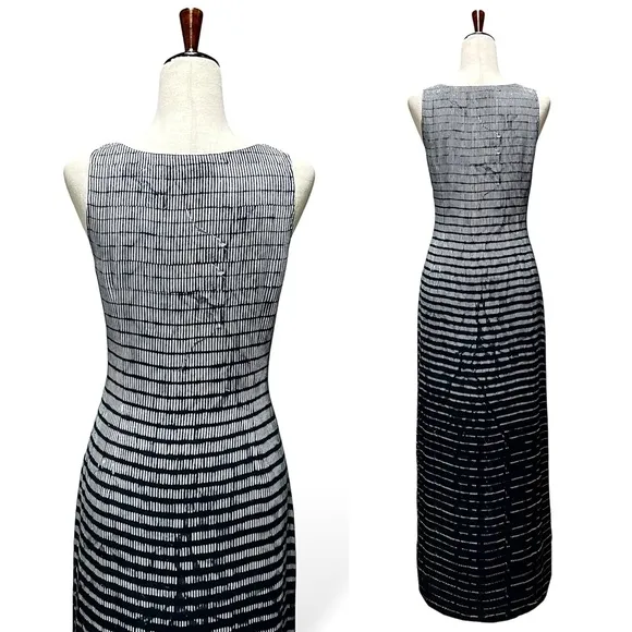 CARACTERE Sleeveless Maxi Dress Black White Stripe Size 6 Minimalist Chic Summer