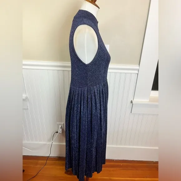 Carven Blue Sparkly Pleated Midi Dress Mock Neck Sleeveless Size L Metallic Luxe
