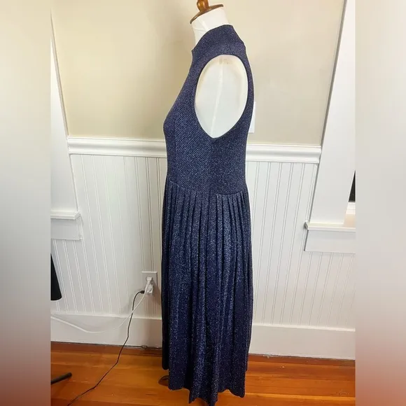 Carven Blue Sparkly Pleated Midi Dress Mock Neck Sleeveless Size L Metallic Luxe