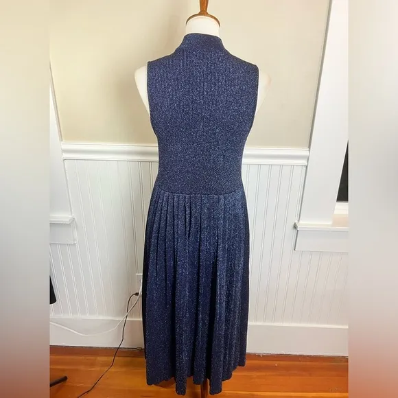 Carven Blue Sparkly Pleated Midi Dress Mock Neck Sleeveless Size L Metallic Luxe
